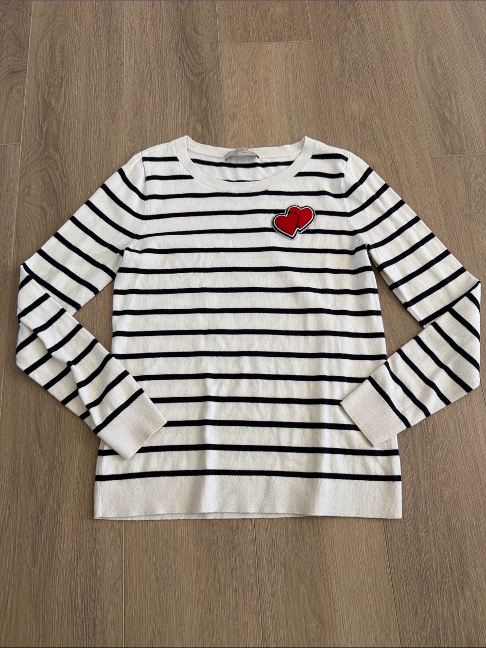 LOFT White & Black Striped Crewneck Sweater with Red Heart Patch